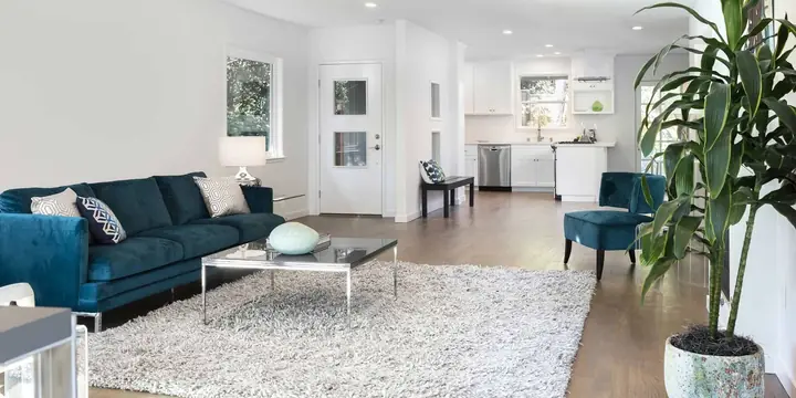 Bright open-plan living room with a blue sofa and shag rug, kitchen visible beyond