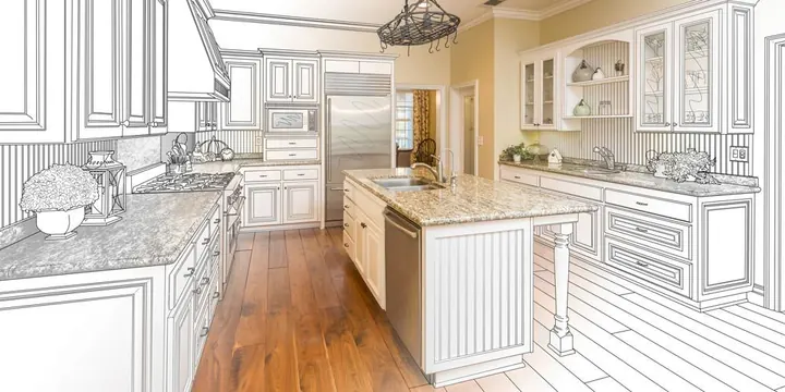 Kitchen design sketch dissolving into a finished kitchen with a large island and hardwood floors